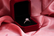 Load image into Gallery viewer, Silver diamond ring in a red velvet box on pink fabric
